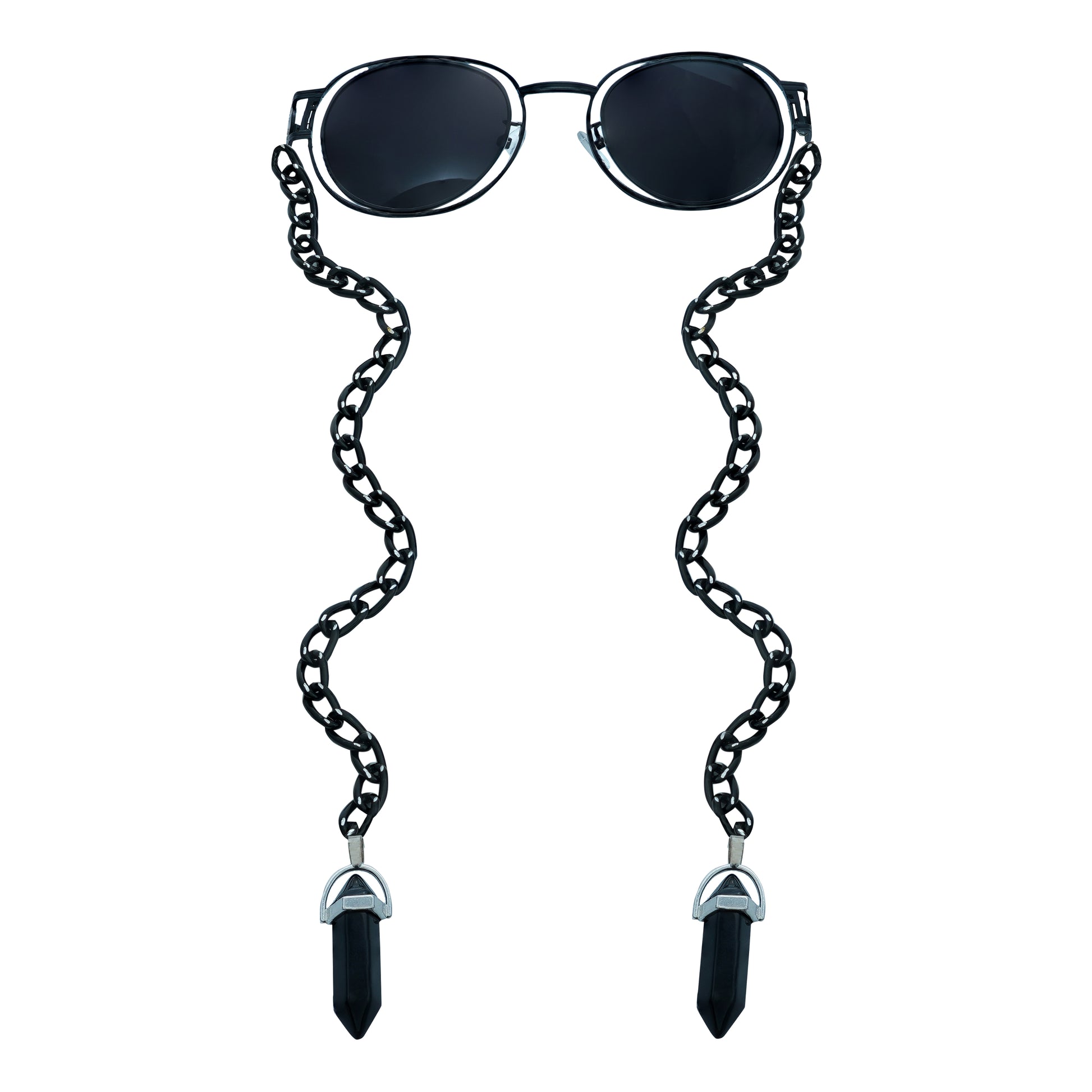 A pair of round, dark-lensed sunglasses with a silver frame is connected to a black chain, which holds a pendant shaped black crystal(Obsidian Stone)-front view