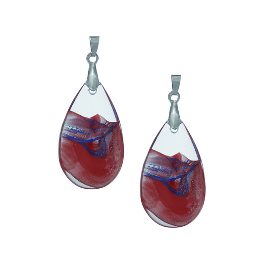 Teardrop-shaped glass pendants with a red and blue swirl design and silver hooks-front view