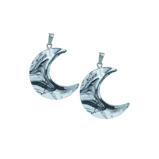 Crescent moon-shaped glass charms with a black and silver swirl design and a silver loop-angle view