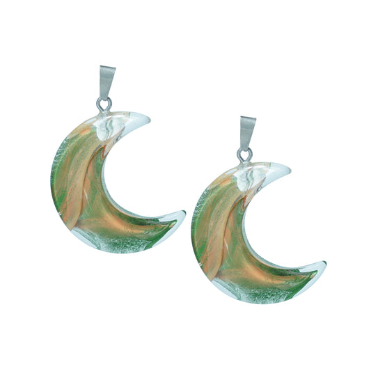 Crescent moon-shaped glass charms with green and golden swirl design and a silver loop-front view