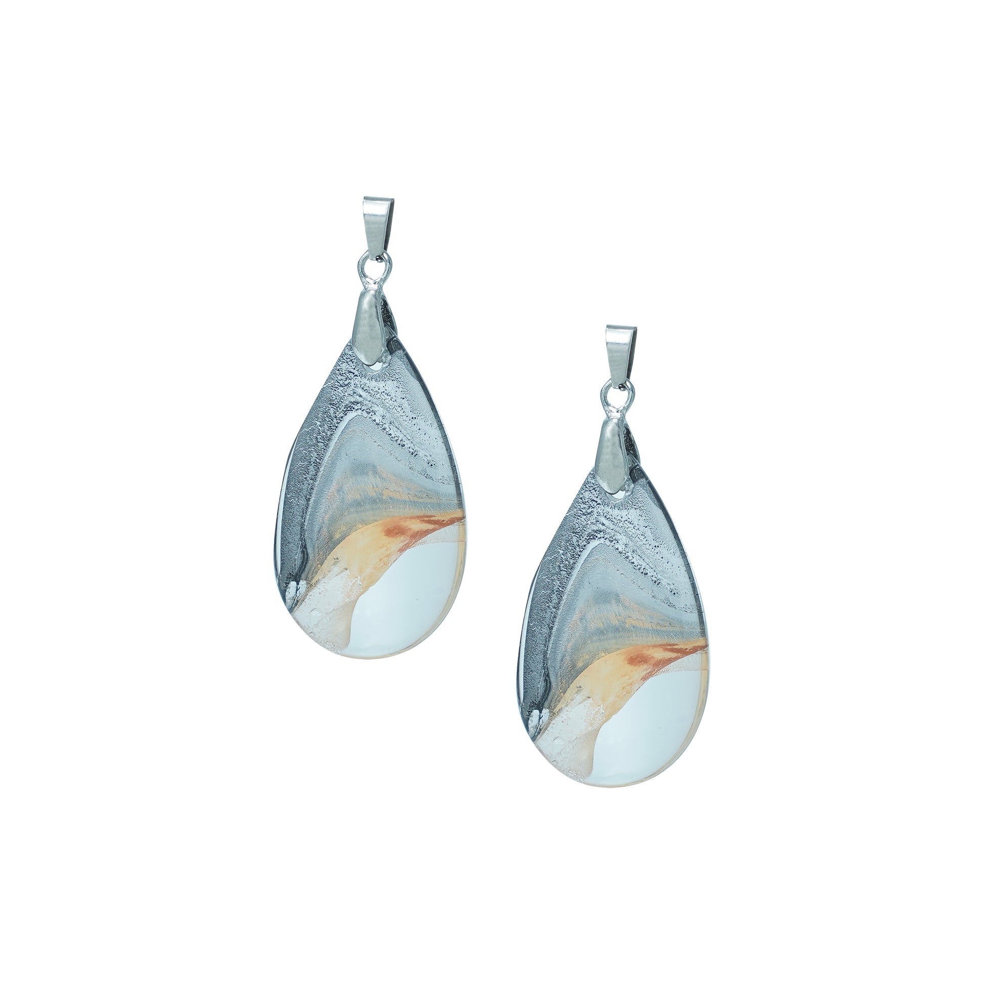 Teardrop-shaped glass pendants with a gold and crystal silver swirl design and silver hooks-front view