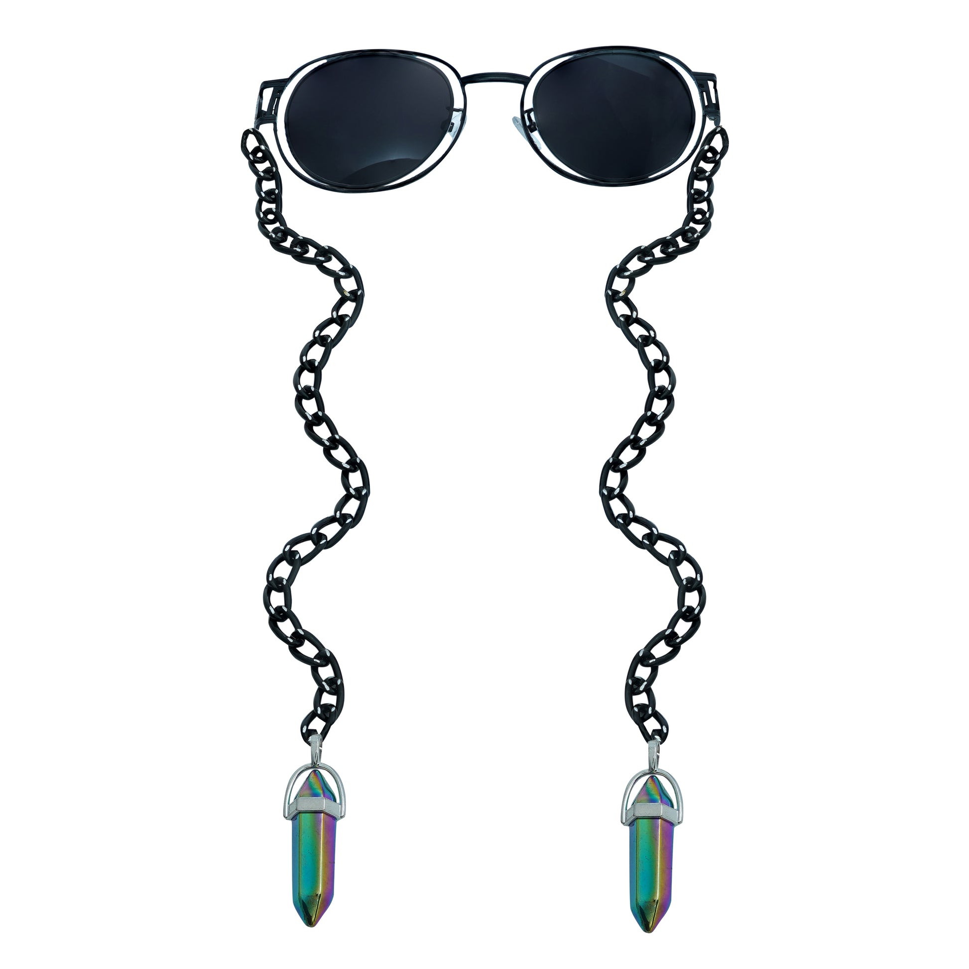 A pair of round, dark-lensed sunglasses with a silver frame is connected to a black chain, which holds a pendant shaped holographic vibrant rainbow crystal-front view
