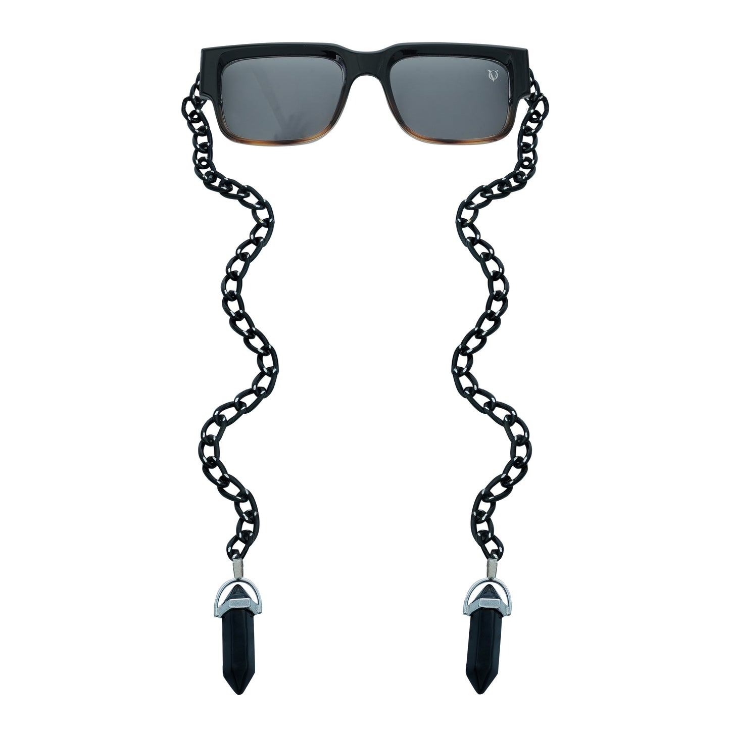 Black rectangular sunglasses with a decorative black chain strap and black crystal charms attached at the ends-front view