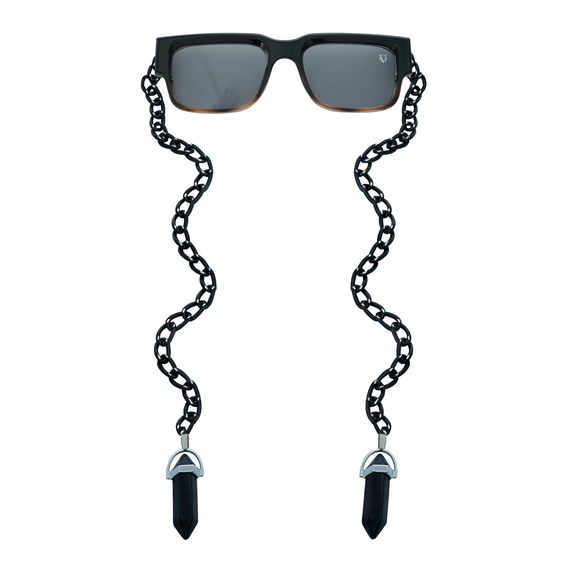 Black rectangular sunglasses with a decorative black chain strap and black crystal charms attached at the ends-front view