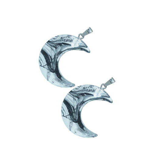Crescent moon-shaped glass charms with a black and silver swirl design and a silver loop-front view