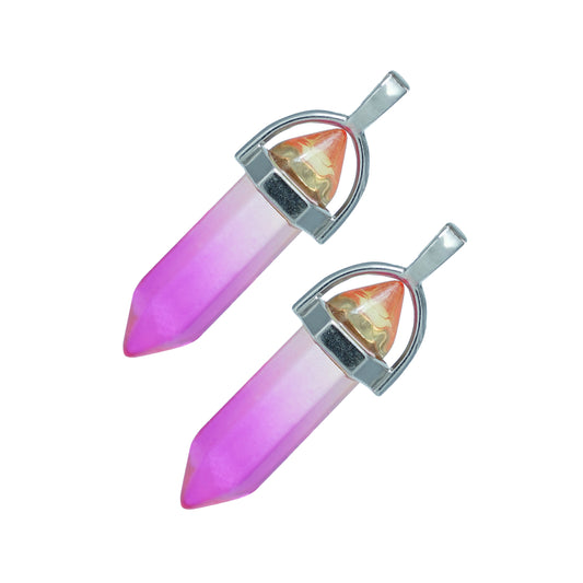 Pink crystal point charms with a silver cap-angle view