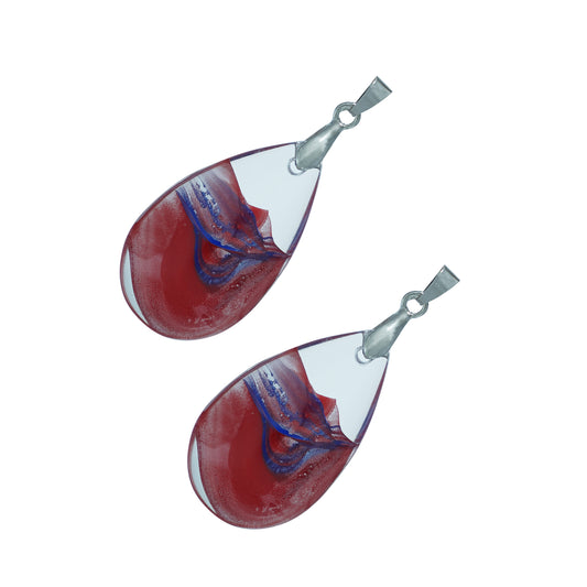Teardrop-shaped glass pendants with a red and blue swirl design and silver hooks-angle view