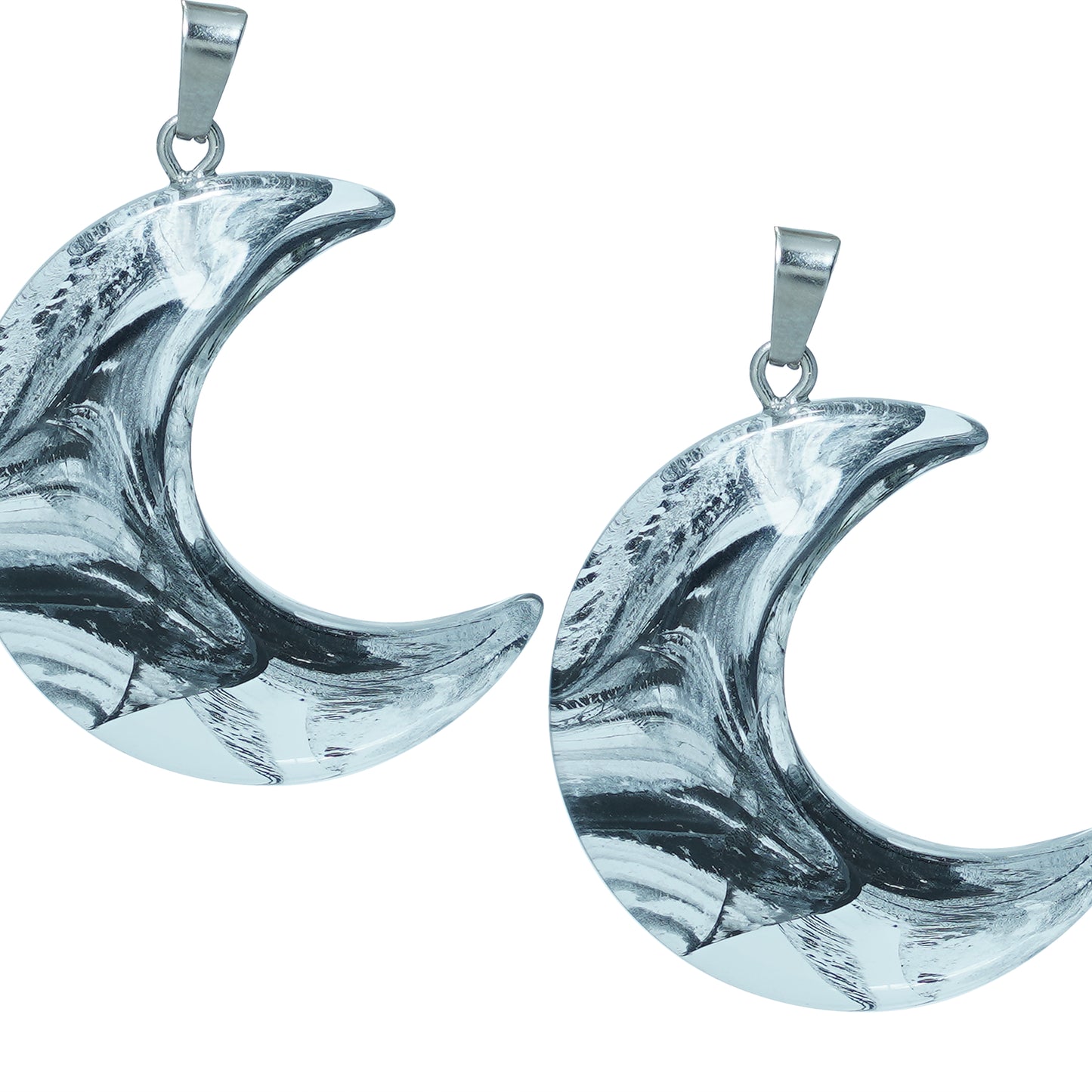 Crescent moon-shaped glass charms with a black and silver swirl design and a silver loop-zoomed view