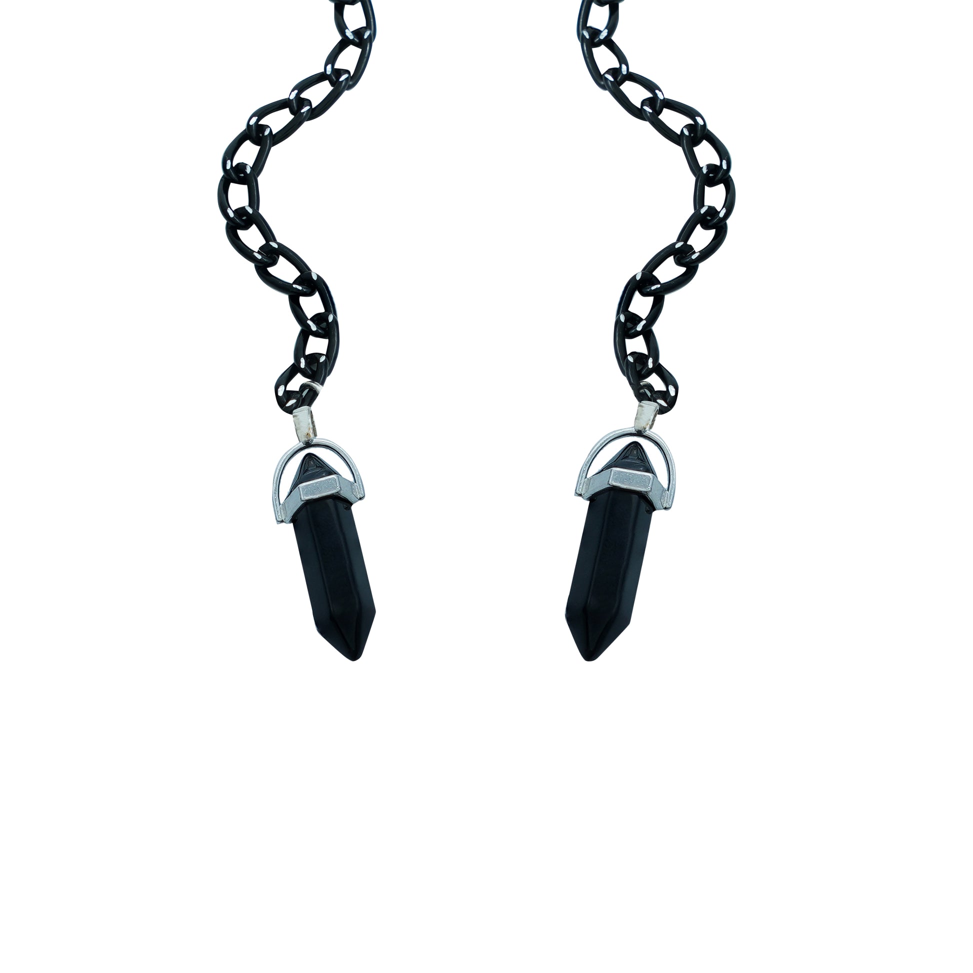 Oversized sqaure framed sunglasses with a white bold frame is connected to a black chain, which holds a pendant shaped black crystal-charm view