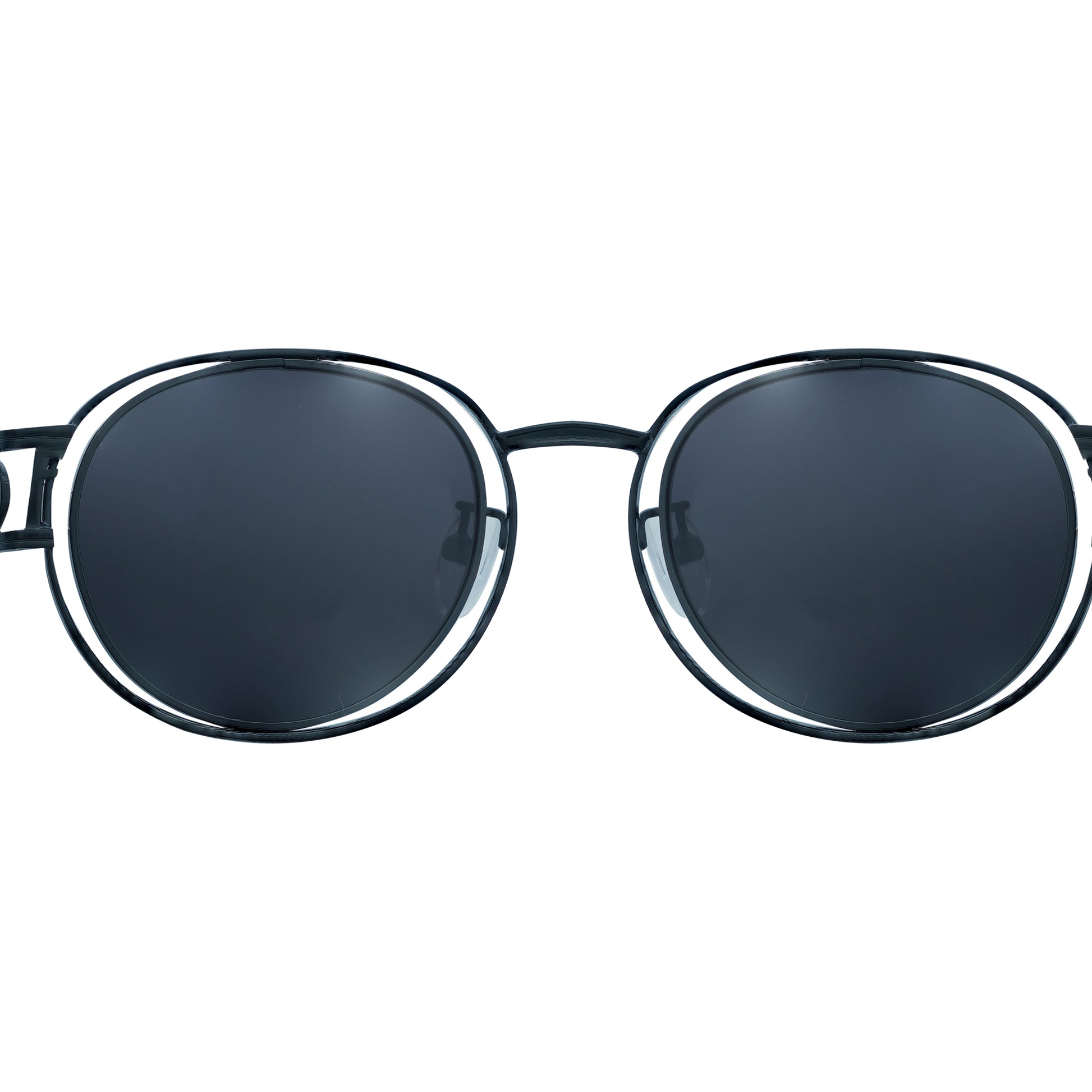 Round black sunglasses with dark-tinted lenses and a thin black frame-zoomed view