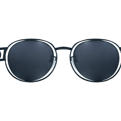 Round black sunglasses with dark-tinted lenses and a thin black frame-zoomed view