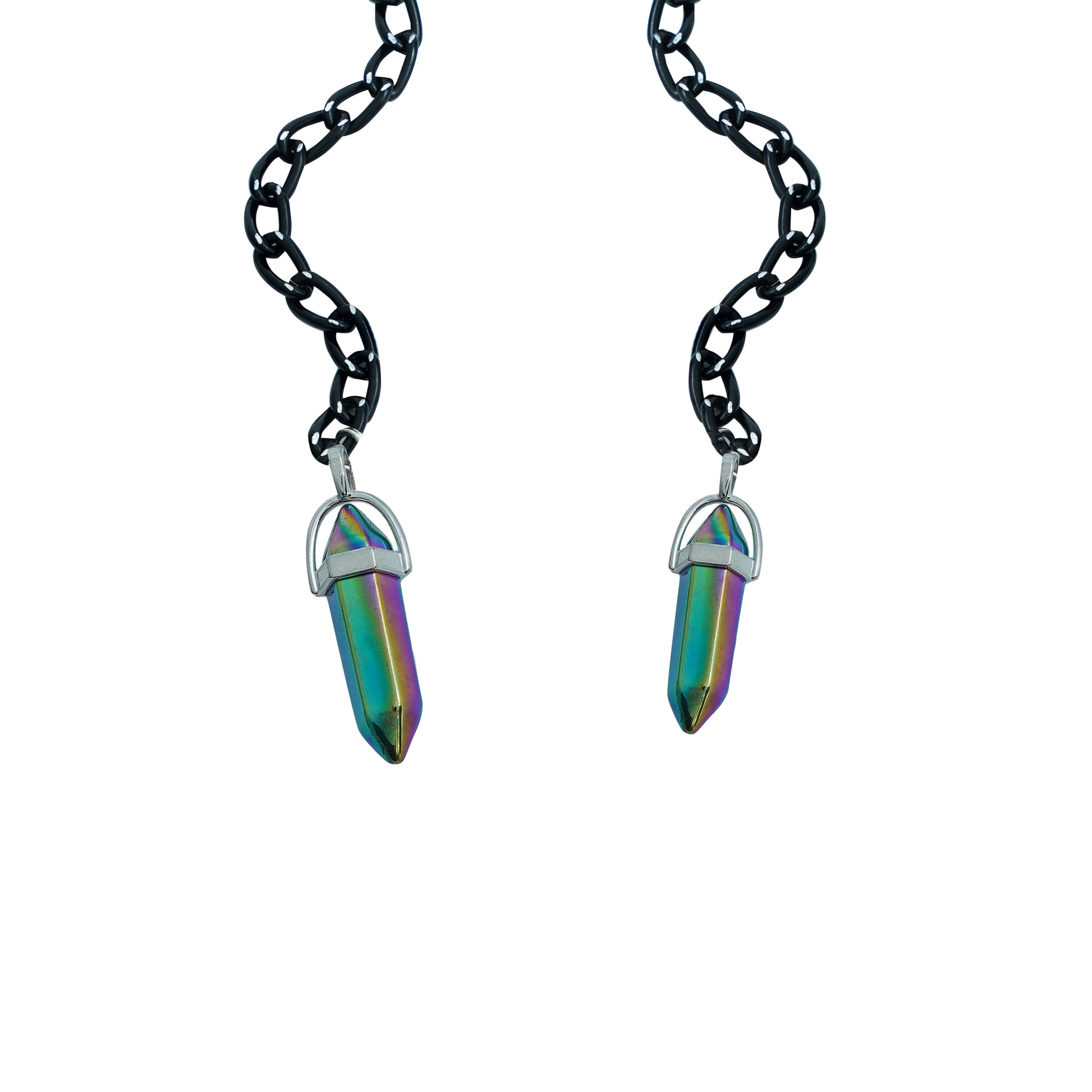A pair of round, dark-lensed sunglasses with a silver frame is connected to a black chain, which holds a pendant shaped holographic vibrant rainbow crystal-charm view