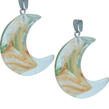 Crescent moon-shaped translucent glass charms with a green and gold swirl design and a silver loop-zoomed view