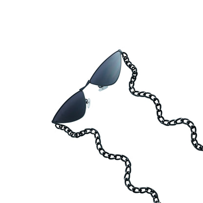 Vibrant cat-eye framed dark sunglasses with a black metal chain attached with a black charm with a silver finished metal holder-tilted view 