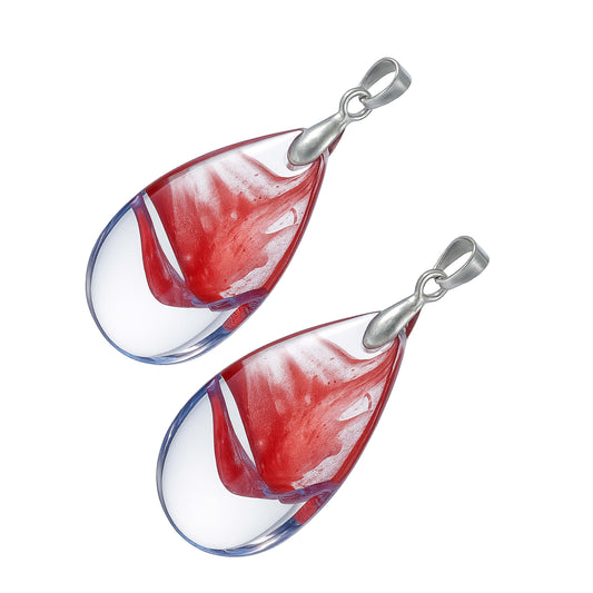 Teardrop-shaped glass pendants with red and white swirl design and silver hooks-angle view
