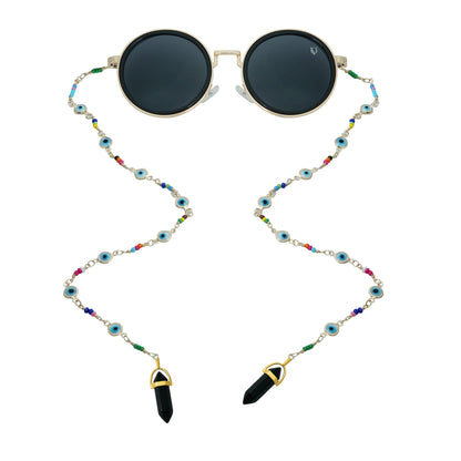 Large oversized dark-tinted golden polished lenses adorned with a multicolored bead chain attached with black charms finished with a gold metal holder-whole view